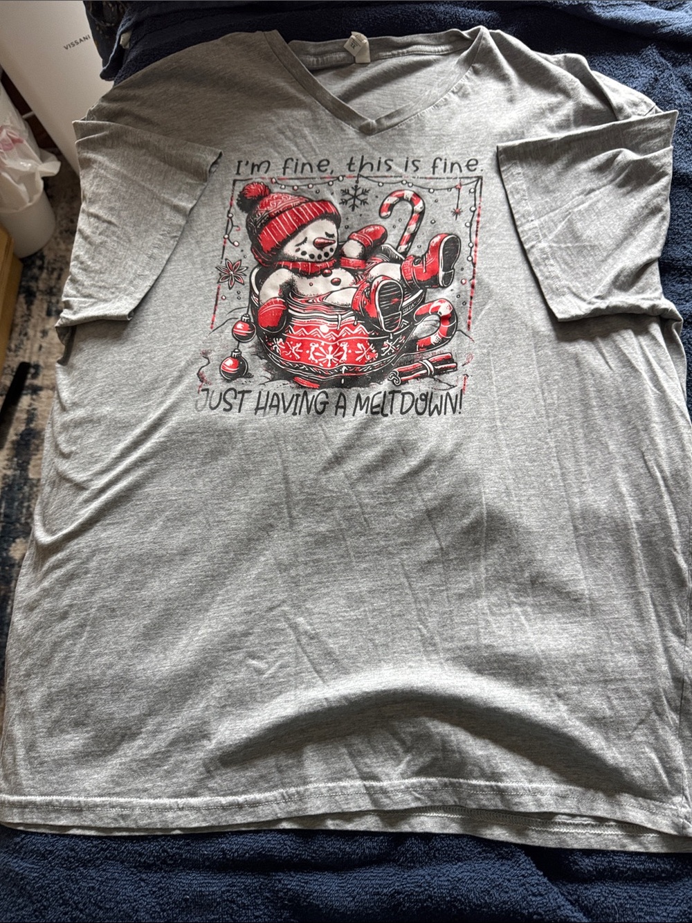 Gray Short Sleeve Tee with Red Snowman Graphic